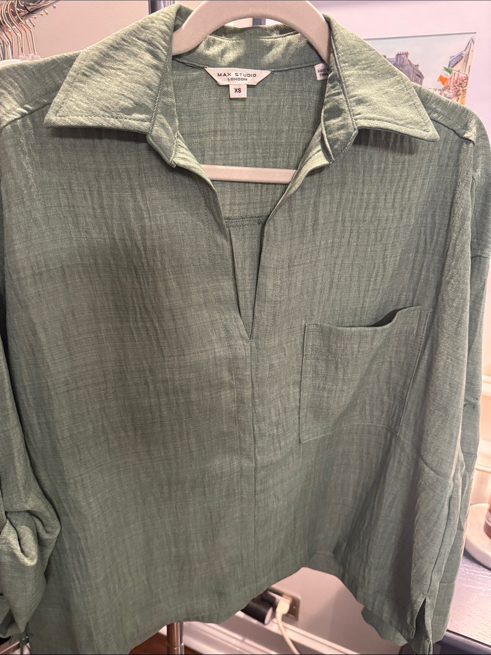 Max Studio Relaxed Sage Green Button-Down Tunic